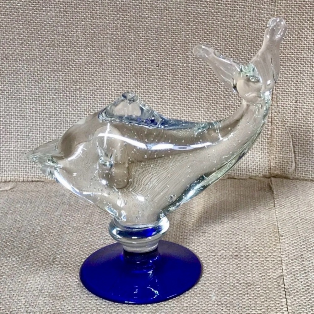 Clear Glass Fish Paperweight with Blue Base Nautical Ocean Coastal Beach Sealife